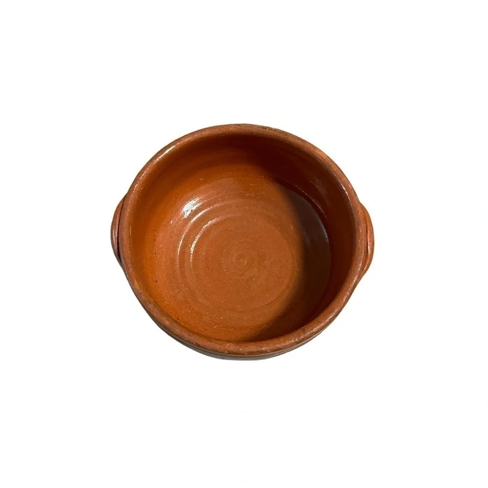 Terracotta Clay Bowl with Handles for Cook Mexican Partially Glazed Signed